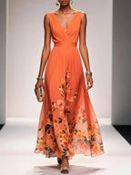 Sophie | Women's Floral V-Neck Midi Dress, A-Line Wedding Guest Dress | The Shrader Sisters | Orange