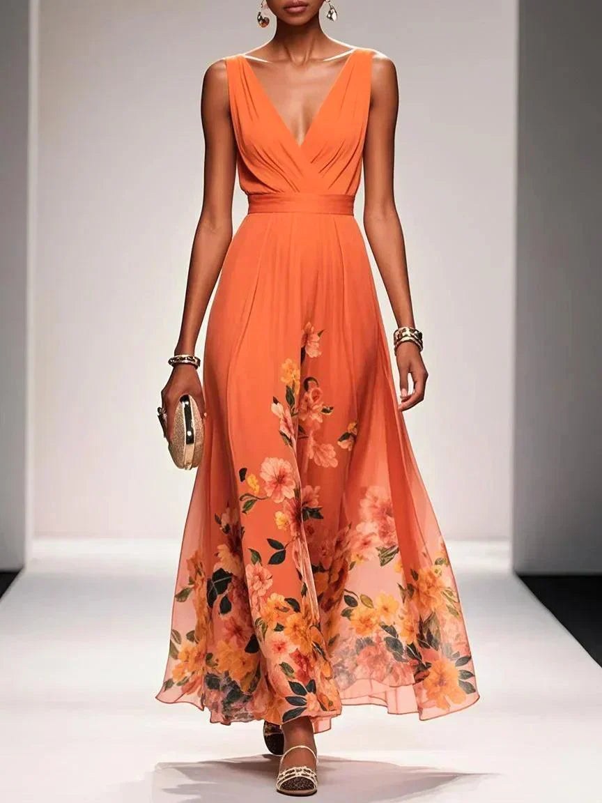 Sophie | Women's Floral V-Neck Midi Dress, A-Line Wedding Guest Dress | The Shrader Sisters | Orange