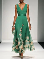 Sophie | Women's Floral V-Neck Midi Dress, A-Line Wedding Guest Dress | The Shrader Sisters | Green