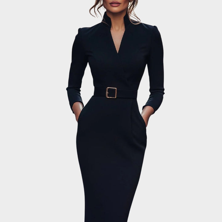 Stella | Women's Mock Wrap Midi Dress with Belt - Black