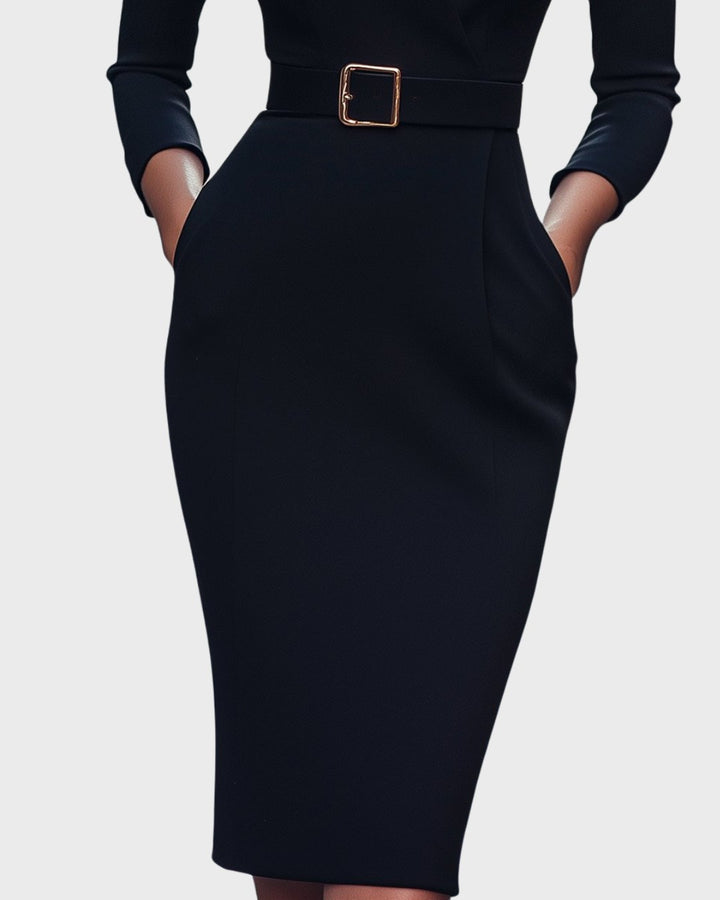 Stella | Women's Mock Wrap Midi Dress with Belt - Apricot