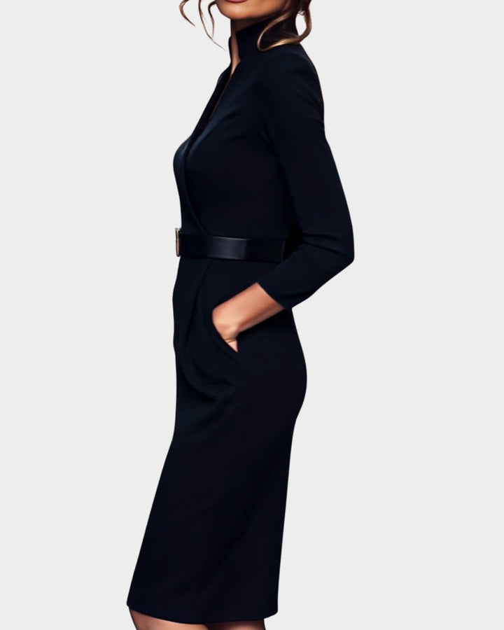 Stella | Women's Mock Wrap Midi Dress with Belt - Gray