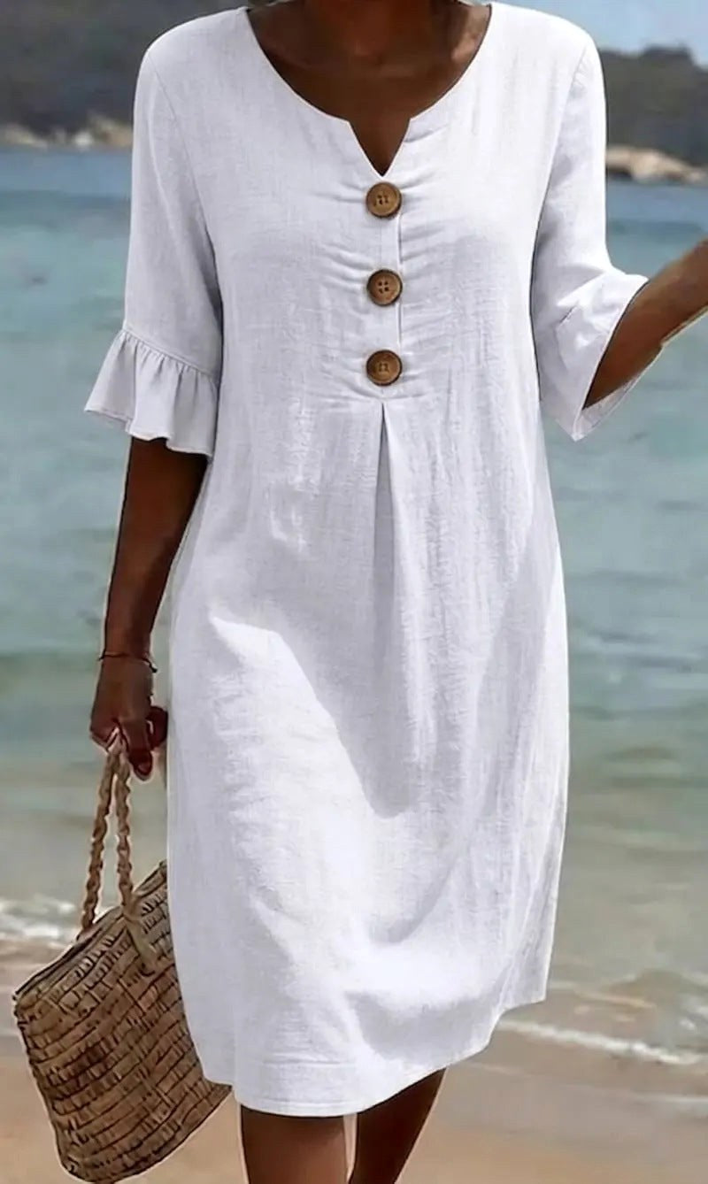 Tahlia | Women's Cotton-Linen Shirt Dress, Button-Front Flutter-Sleeve Dress | The Shrader Sisters