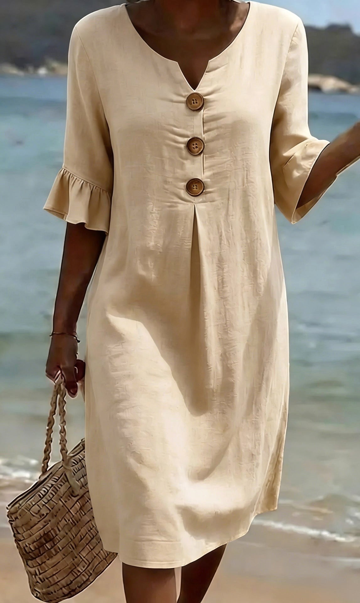 Tahlia | Women's Cotton-Linen Shirt Dress, Button-Front Flutter-Sleeve Dress | The Shrader Sisters
