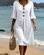Tahlia | Women's Cotton-Linen Shirt Dress, Button-Front Flutter-Sleeve Dress | The Shrader Sisters