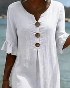 Tahlia | Women's Cotton-Linen Shirt Dress, Button-Front Flutter-Sleeve Dress | The Shrader Sisters