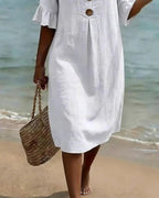 Tahlia | Women's Cotton-Linen Shirt Dress, Button-Front Flutter-Sleeve Dress | The Shrader Sisters