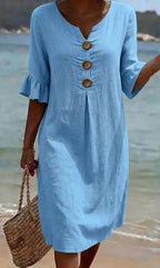 Tahlia | Women's Cotton-Linen Shirt Dress, Button-Front Flutter-Sleeve Dress | The Shrader Sisters