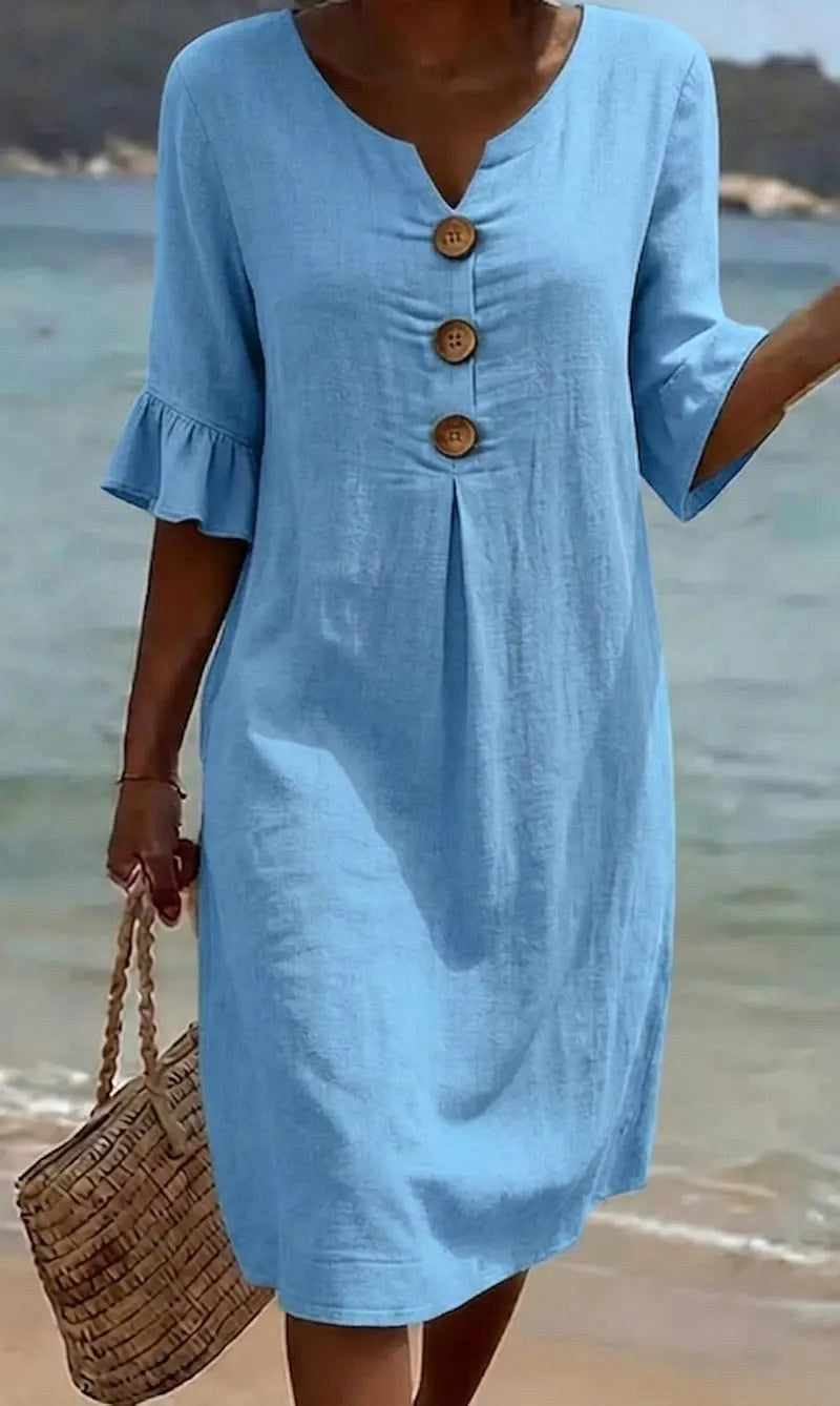 Tahlia | Women's Cotton-Linen Shirt Dress, Button-Front Flutter-Sleeve Dress | The Shrader Sisters