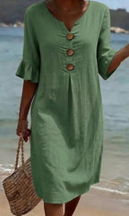 Tahlia | Women's Cotton-Linen Shirt Dress, Button-Front Flutter-Sleeve Dress | The Shrader Sisters
