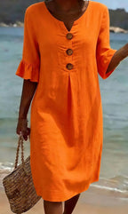 Tahlia | Women's Cotton-Linen Shirt Dress, Button-Front Flutter-Sleeve Dress | The Shrader Sisters