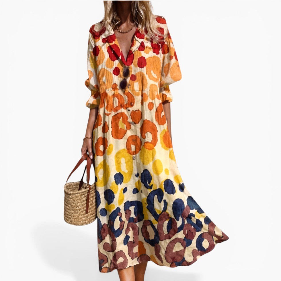 Tahlia | Women's Relaxed Shirt Dress with Bold Print, Button-Front Day Dress | The Shrader Sisters | Naranja