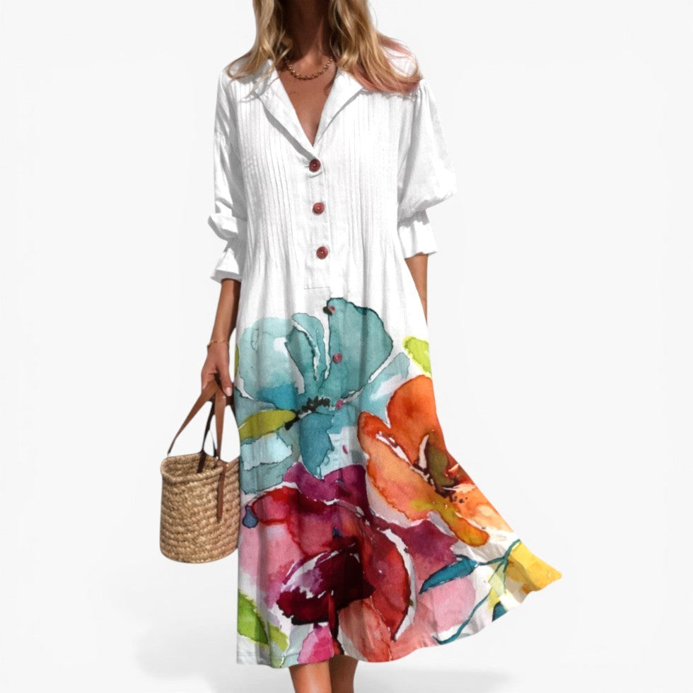 Tahlia | Women's Relaxed Shirt Dress with Bold Print, Button-Front Day Dress | The Shrader Sisters | Blanco
