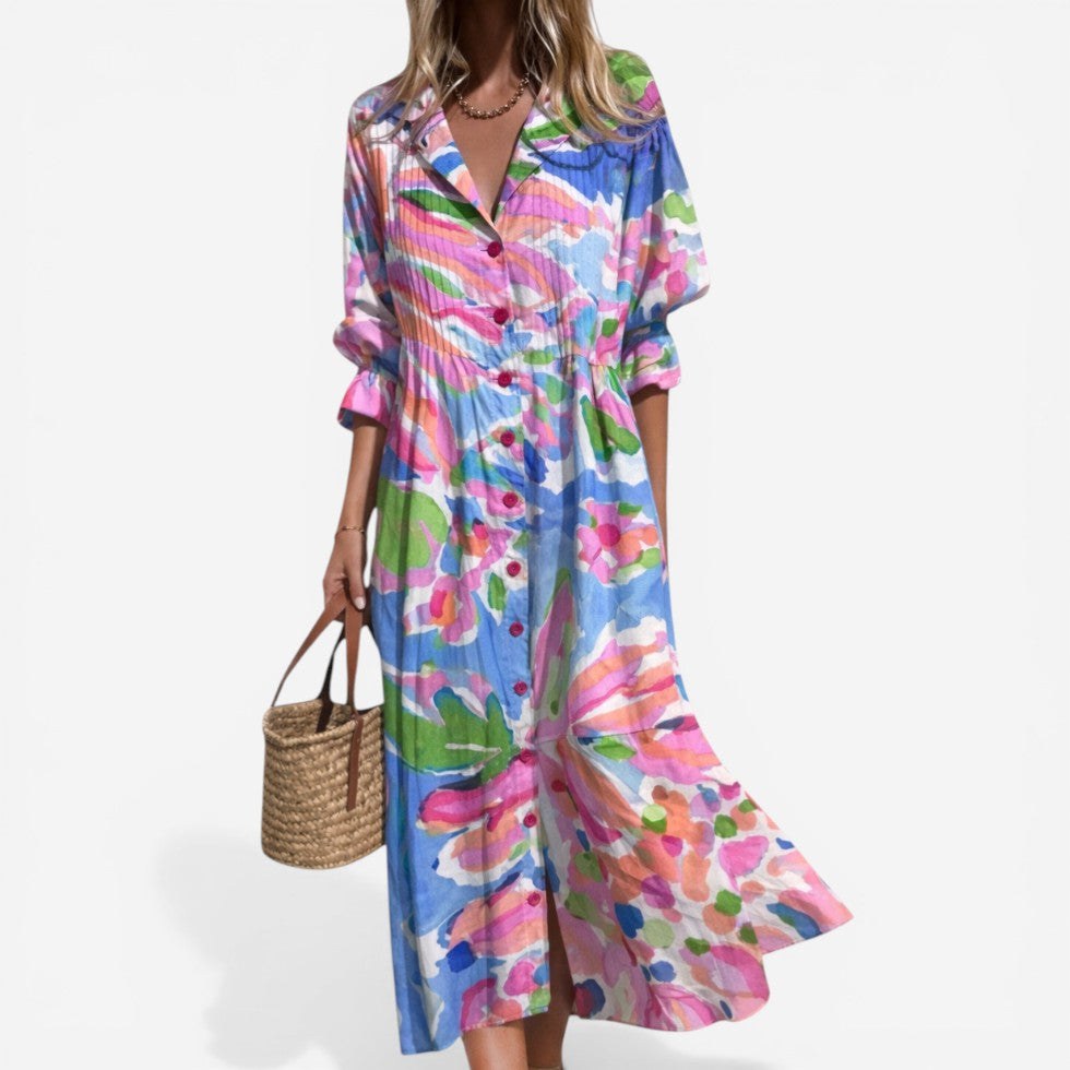 Tahlia | Women's Relaxed Shirt Dress with Bold Print, Button-Front Day Dress | The Shrader Sisters | Azul