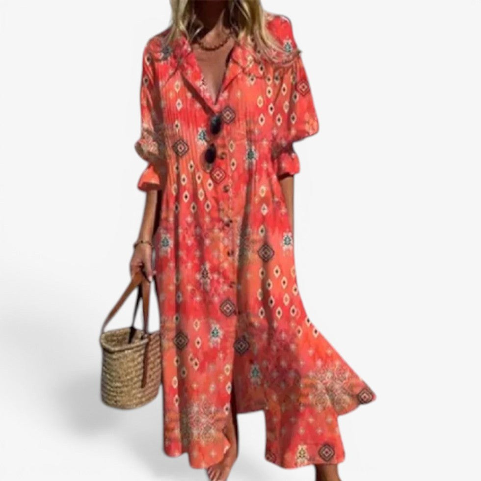 Tahlia | Women's Relaxed Shirt Dress with Bold Print, Button-Front Day Dress | The Shrader Sisters | Rojo