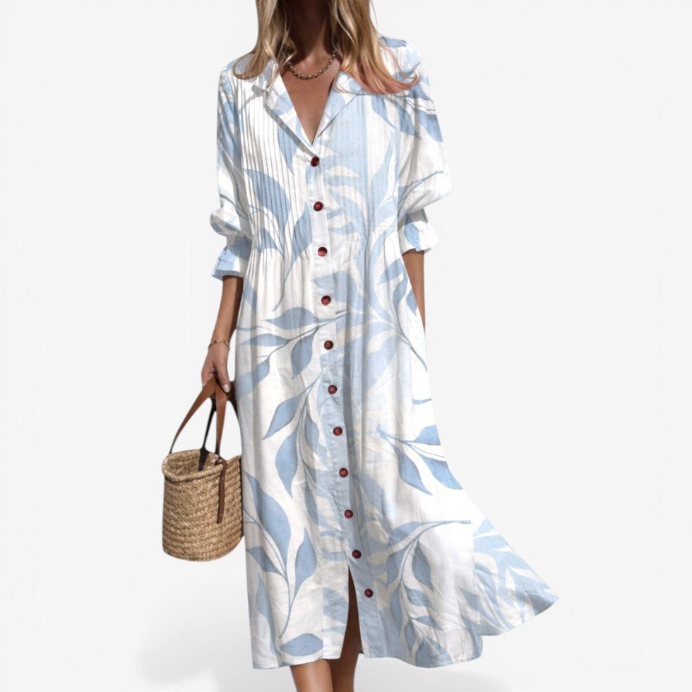 Tahlia | Women's Relaxed Shirt Dress with Bold Print, Button-Front Day Dress | The Shrader Sisters | Azul claro