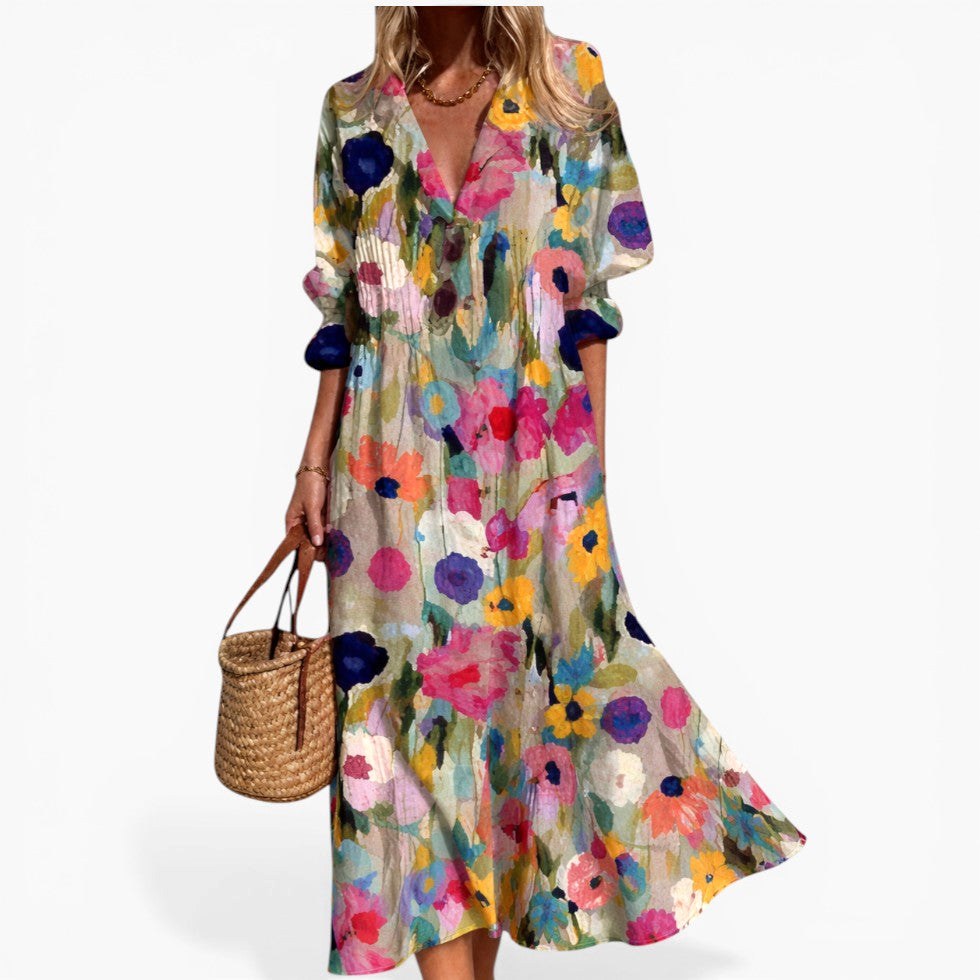 Tahlia | Women's Relaxed Shirt Dress with Bold Print, Button-Front Day Dress | The Shrader Sisters | Multicolor
