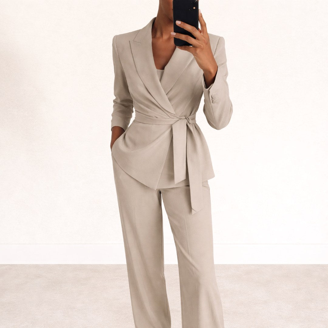 Tahlia | Women's Tailored Tie-Waist Blazer Suit, Two-Piece Set | The Shrader Sisters | Beige