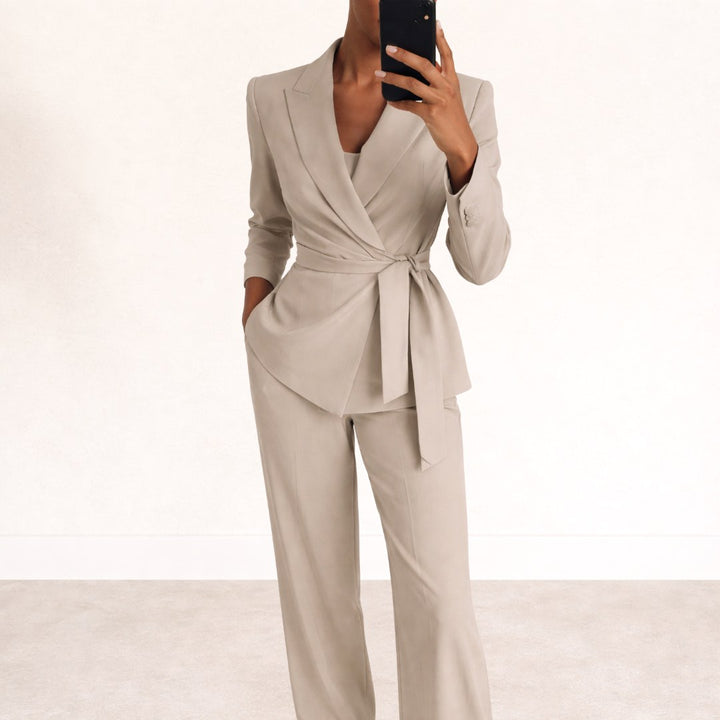 Tahlia | Women's Tailored Tie-Waist Blazer Suit, Two-Piece Set | The Shrader Sisters | Beige