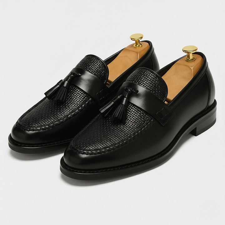 Taj | Men's Box Calf Leather Saddle Loafers, Slip-On Tassel Loafers | The Shrader Sisters | Black