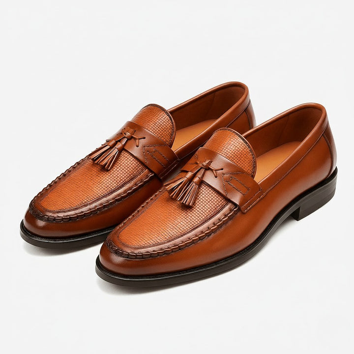 Taj | Men's Box Calf Leather Saddle Loafers, Slip-On Tassel Loafers | The Shrader Sisters | Brown