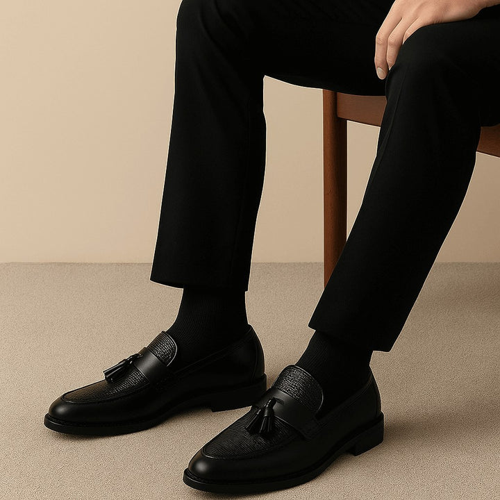 Taj | Men's Box Calf Leather Saddle Loafers, Slip-On Tassel Loafers | The Shrader Sisters