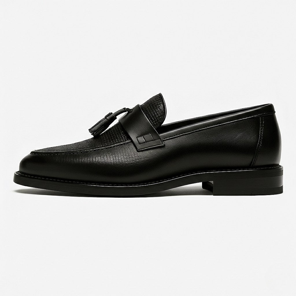 Taj | Men's Box Calf Leather Saddle Loafers, Slip-On Tassel Loafers | The Shrader Sisters