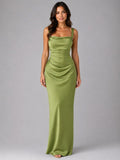 Tanya | Women's Satin Maxi Dress with Ruched Waist, Sculpted Evening Dress | The Shrader Sisters | Green