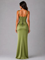 Tanya | Women's Satin Maxi Dress with Ruched Waist, Sculpted Evening Dress | The Shrader Sisters | Navy Blue