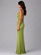 Tanya | Women's Satin Maxi Dress with Ruched Waist, Sculpted Evening Dress | The Shrader Sisters | Black