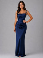 Tanya | Women's Satin Maxi Dress with Ruched Waist, Sculpted Evening Dress | The Shrader Sisters
