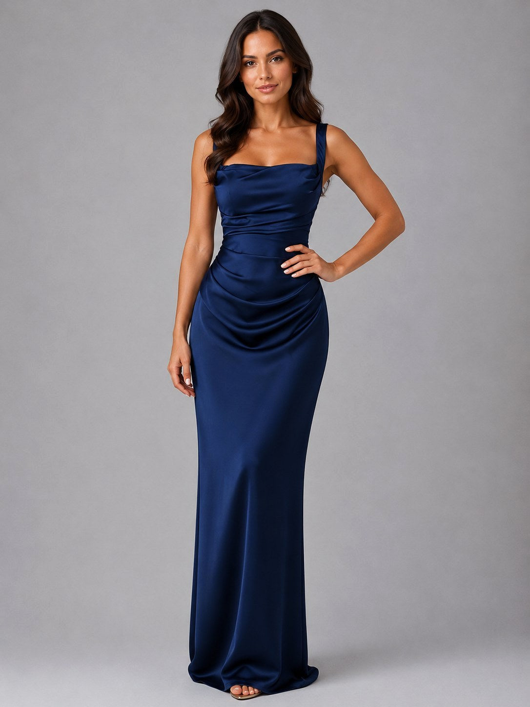 Tanya | Women's Satin Maxi Dress with Ruched Waist, Sculpted Evening Dress | The Shrader Sisters