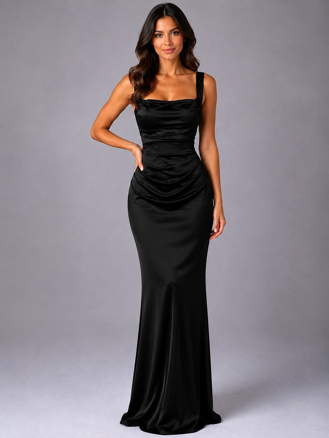 Tanya | Women's Satin Maxi Dress with Ruched Waist, Sculpted Evening Dress | The Shrader Sisters