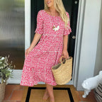 Tayla | Women's Relaxed Tiered Midi Dress, Flowing Midi Dress | The Shrader Sisters | Red