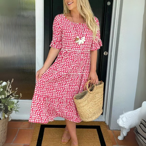 Tayla | Women's Relaxed Tiered Midi Dress, Flowing Midi Dress | The Shrader Sisters | Red