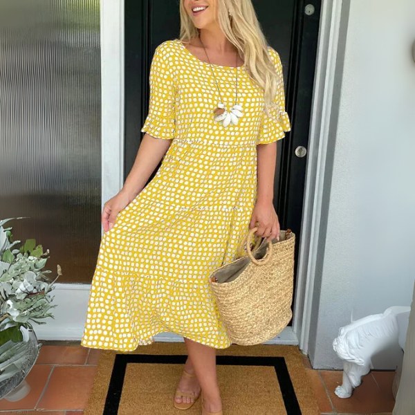 Tayla | Women's Relaxed Tiered Midi Dress, Flowing Midi Dress | The Shrader Sisters | Yellow