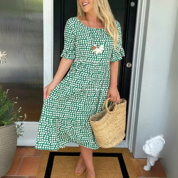 Tayla | Women's Relaxed Tiered Midi Dress, Flowing Midi Dress | The Shrader Sisters | Green