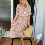 Tayla | Women's Relaxed Tiered Midi Dress, Flowing Midi Dress | The Shrader Sisters | Khaki