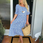 Tayla | Women's Relaxed Tiered Midi Dress, Flowing Midi Dress | The Shrader Sisters | Blue