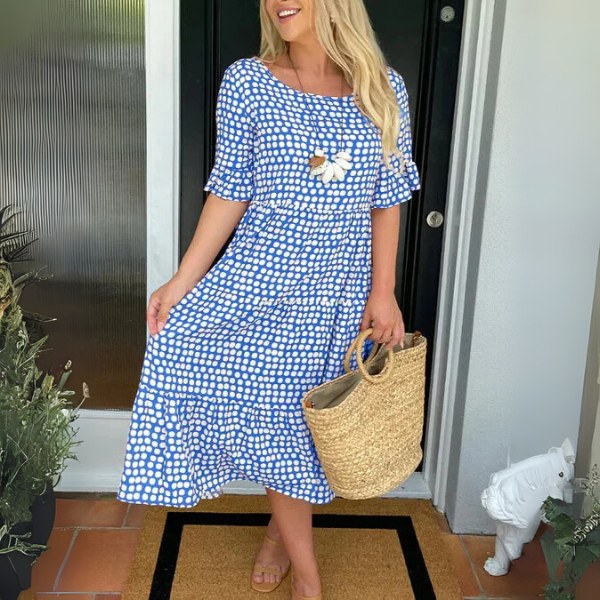 Tayla | Women's Relaxed Tiered Midi Dress, Flowing Midi Dress | The Shrader Sisters | Blue