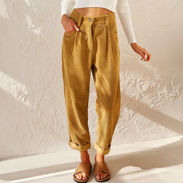 Teagan | Women's High-Waist Corduroy Trousers with Pleats, Wide-Leg Trousers | The Shrader Sisters | Khaki