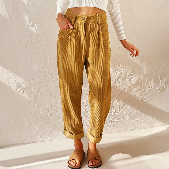 Teagan | Women's High-Waist Corduroy Trousers with Pleats, Wide-Leg Trousers | The Shrader Sisters | Khaki