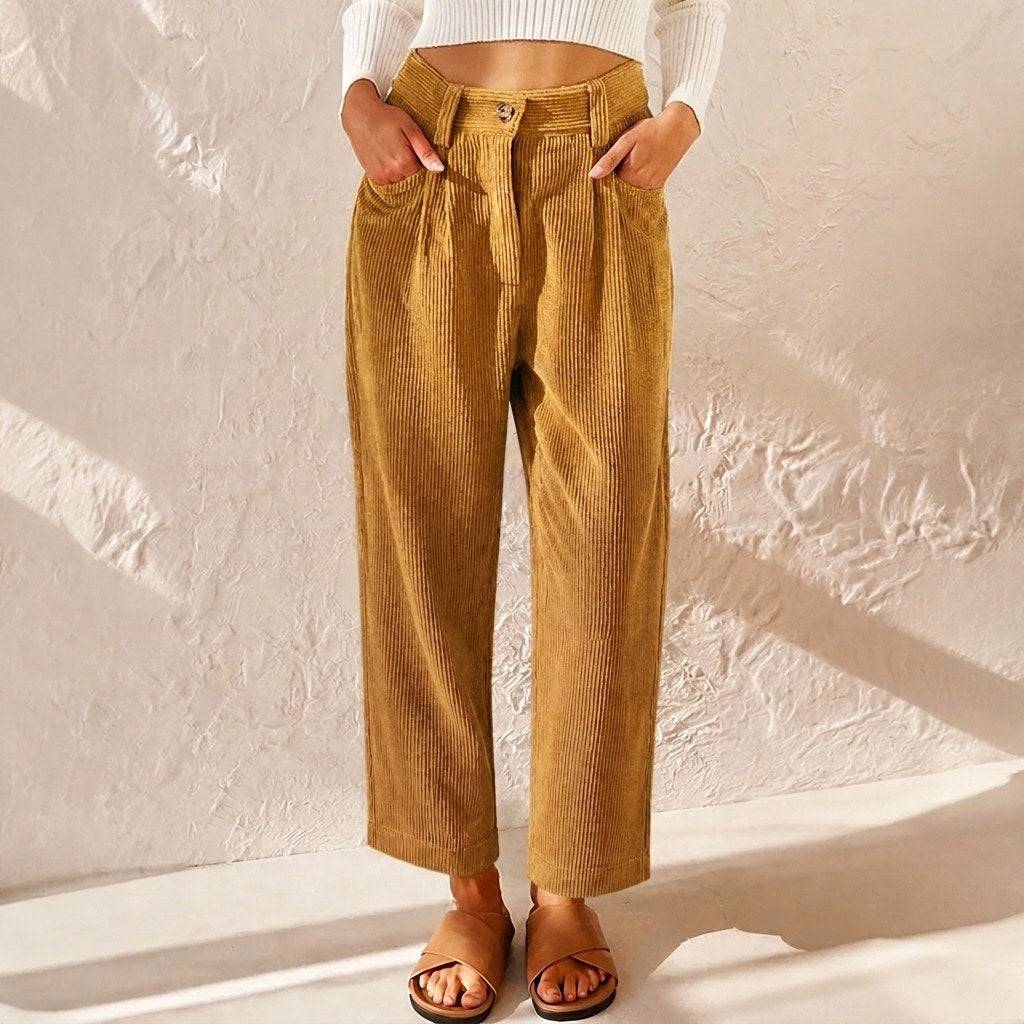 Teagan | Women's High-Waist Corduroy Trousers with Pleats, Wide-Leg Trousers | The Shrader Sisters | Green