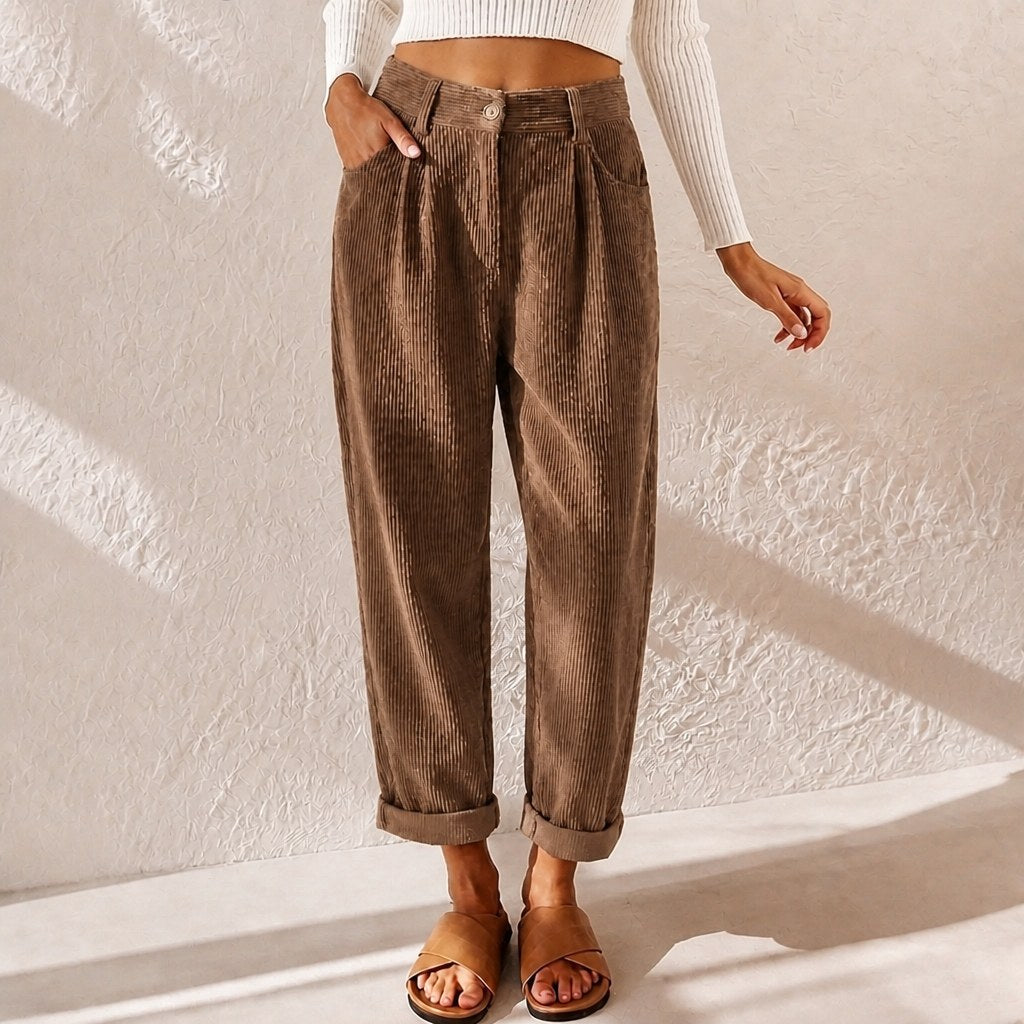 Teagan | Women's High-Waist Corduroy Trousers with Pleats, Wide-Leg Trousers | The Shrader Sisters | Blue