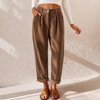 Teagan | Women's High-Waist Corduroy Trousers with Pleats, Wide-Leg Trousers | The Shrader Sisters | Blue