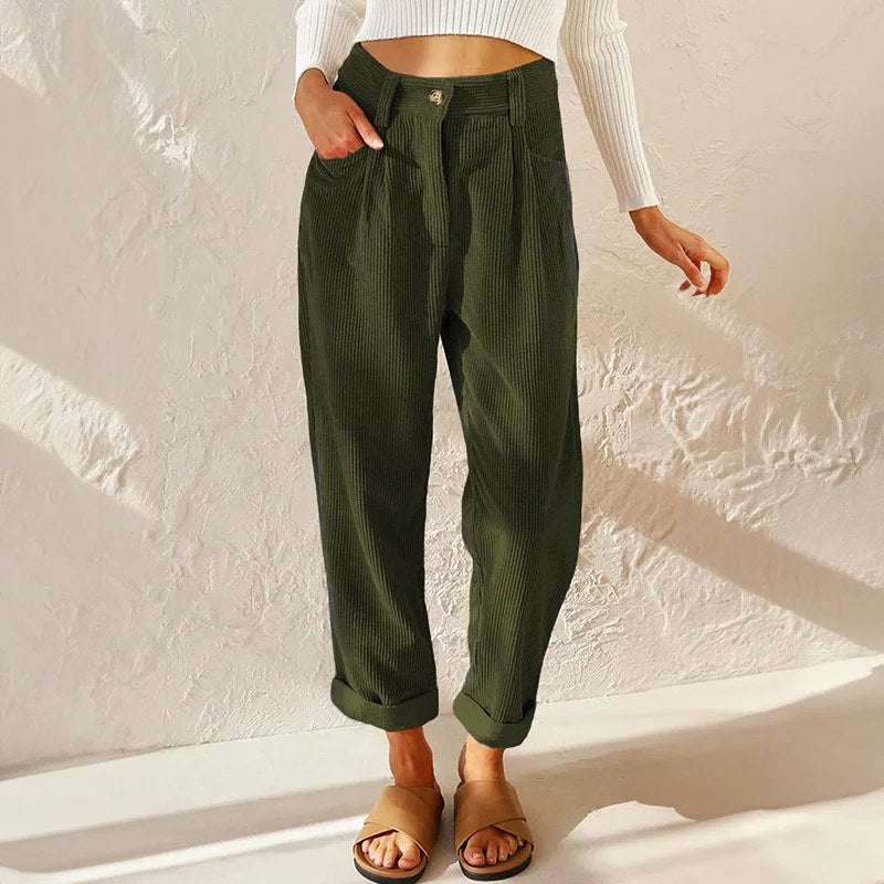 Teagan | Women's High-Waist Corduroy Trousers with Pleats, Wide-Leg Trousers | The Shrader Sisters