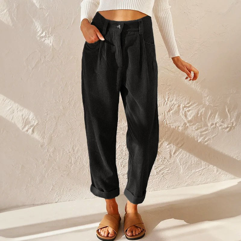 Teagan | Women's High-Waist Corduroy Trousers with Pleats, Wide-Leg Trousers | The Shrader Sisters