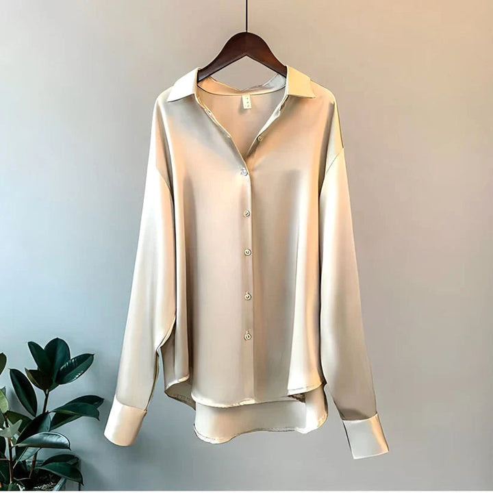 Teagan | Women's Silk Long-Sleeve Blouse, Button-Up Satin Shirt | The Shrader Sisters | Beige
