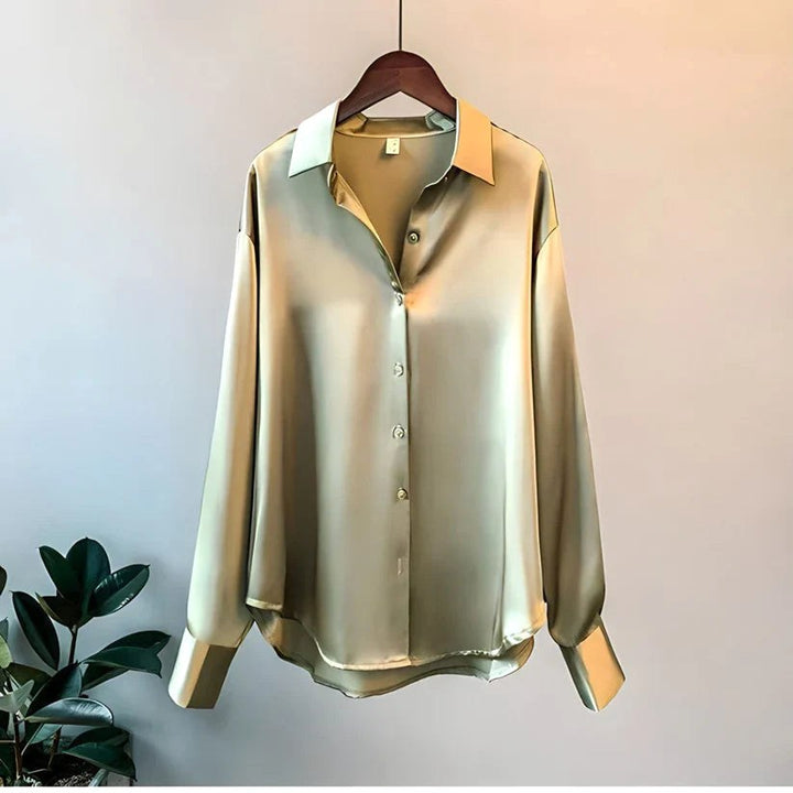 Teagan | Women's Silk Long-Sleeve Blouse, Button-Up Satin Shirt | The Shrader Sisters | Green