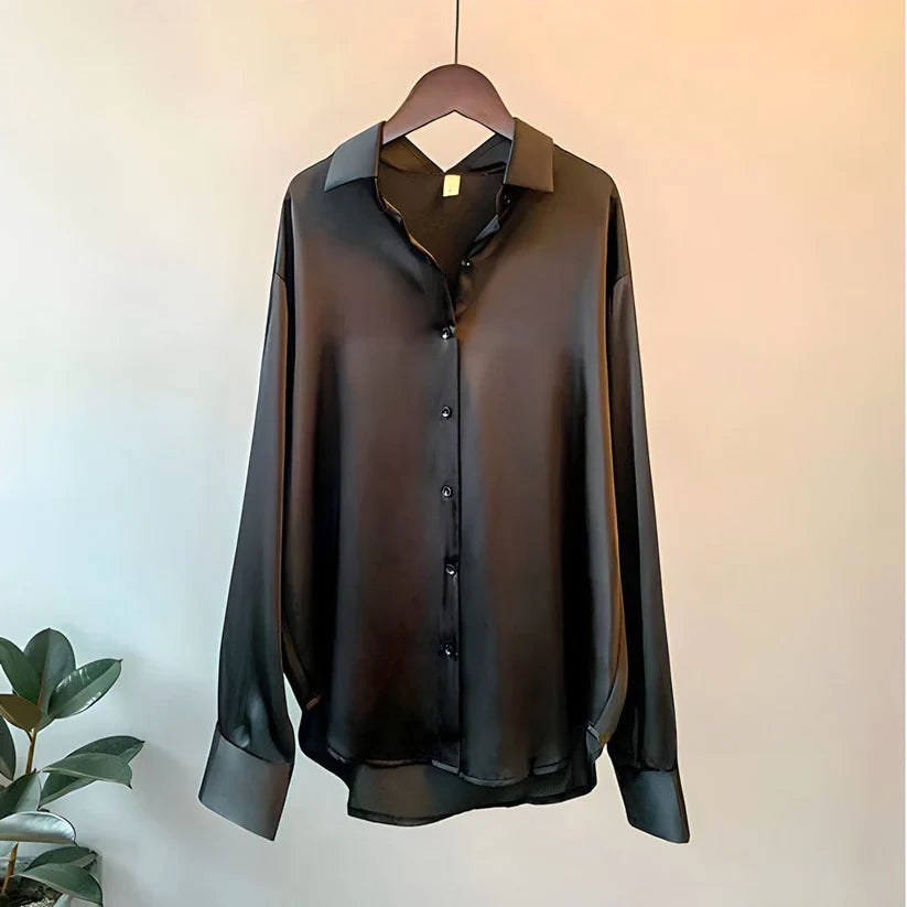 Teagan | Women's Silk Long-Sleeve Blouse, Button-Up Satin Shirt | The Shrader Sisters | Black